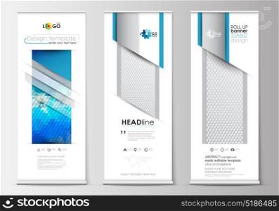 Set of roll up banner stands, flat design templates, geometric style, business concept, corporate vertical flyers. Abstract triangles, blue and gray triangular background, colorful polygonal vector.. Set of roll up banner stands, flat design templates, abstract geometric style, modern business concept, corporate vertical vector flyers, flag banner layouts. Abstract triangles, blue and gray triangular background, modern colorful polygonal vector.