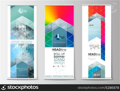Set of roll up banner stands, flat design templates, geometric style, business concept, corporate vertical flyers. Abstract triangles, blue triangular background, modern colorful polygonal vector.. Set of roll up banner stands, flat design templates, geometric style, business concept, corporate vertical flyers. Abstract triangles, blue triangular background, modern colorful polygonal vector