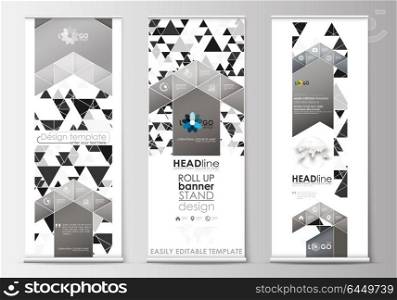 Set of roll up banner stands, flat design templates, geometric style, business concept, corporate vertical flyers. Abstract triangular background, modern gray color polygonal vector.. Set of roll up banner stands, flat design templates, abstract geometric style, modern business concept, corporate vertical vector flyers, flag banner layouts. Abstract triangle design background, modern gray color polygonal vector.