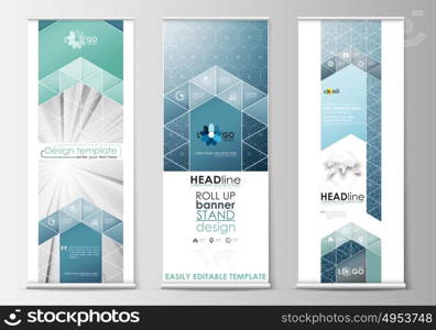 Set of roll up banner stands, flat design templates, geometric style, modern business concept, corporate vertical flyers. Abstract blue or gray pattern with lines, vector texture.. Set of roll up banner stands, flat design templates, abstract geometric style, modern business concept, corporate vertical vector flyers, flag banner layouts. Abstract blue or gray pattern with lines, modern stylish vector texture.
