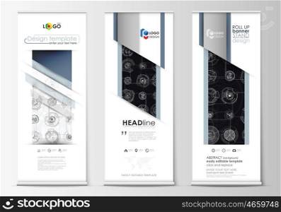 Set of roll up banner stands, flat templates, geometric style, modern business concept, corporate vertical vector flyers, flag layouts. High tech, connecting system. Science and technology concept. Futuristic abstract background.