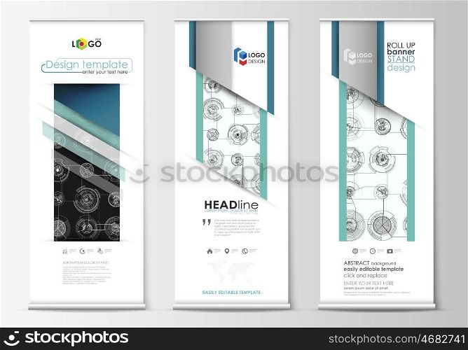 Set of roll up banner stands, flat templates, geometric style, modern business concept, corporate vertical vector flyers, flag layouts. High tech, connecting system. Science and technology concept. Futuristic abstract background.