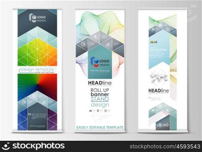 Set of roll up banner stands, geometric flat style templates, business concept, corporate vertical vector flyers, flag layout. Colorful design background with abstract shapes and waves, overlap effect.