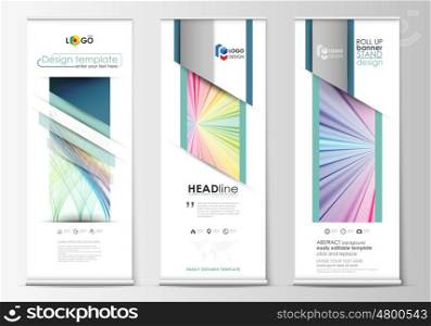 Set of roll up banner stands, geometric flat style templates, business concept, corporate vertical vector flyers, flag layout. Colorful background with abstract waves, lines. Bright color curves. Motion design