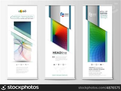 Set of roll up banner stands, geometric flat style templates, business concept, corporate vertical vector flyers, flag layout. Colorful design background with abstract shapes and waves, overlap effect.