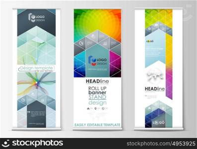 Set of roll up banner stands, geometric flat style templates, business concept, corporate vertical vector flyers, flag layout. Colorful design background with abstract shapes and waves, overlap effect. Set of roll up banner stands, geometric flat style templates, business concept, corporate vertical vector flyers, flag layout. Colorful design background with abstract shapes and waves, overlap effect.