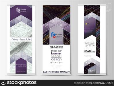 Set of roll up banner stands, geometric flat style templates, business concept, corporate vertical vector flyers, flag layout. Abstract waves, lines and curves. Dark color background. Motion design.. Set of roll up banner stands, geometric flat style templates, business concept, corporate vertical vector flyers, flag layout. Abstract waves, lines and curves. Dark color background. Motion design