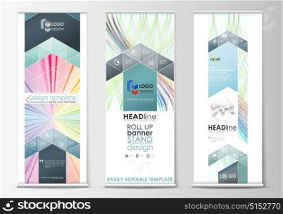 Set of roll up banner stands, geometric flat style templates, corporate vertical vector flyers, flag layout. Colorful background with abstract waves, lines. Bright color curves. Motion design.. Set of roll up banner stands, geometric flat style templates, business concept, corporate vertical vector flyers, flag layout. Colorful background with abstract waves, lines. Bright color curves. Motion design