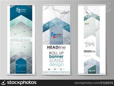 Set of roll up banner stands, templates, geometric design, corporate vertical vector flyers, flag layouts. Genetic and chemical compounds. DNA and neurons. Medicine, chemistry, science concept.. Set of roll up banner stands, flat design templates, abstract geometric style, modern business concept, corporate vertical vector flyers, flag layouts. Genetic and chemical compounds. Atom, DNA and neurons. Medicine, chemistry, science or technology concept. Geometric background.
