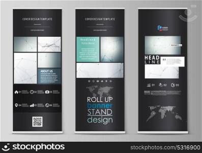 Set of roll up banner stands, templates, geometric design, corporate vertical vector flyers, flag layouts. Genetic and chemical compounds. DNA and neurons. Medicine, chemistry, science concept.. Set of roll up banner stands, flat design templates, abstract geometric style, modern business concept, corporate vertical vector flyers, flag layouts. Genetic and chemical compounds. Atom, DNA and neurons. Medicine, chemistry, science or technology concept. Geometric background.