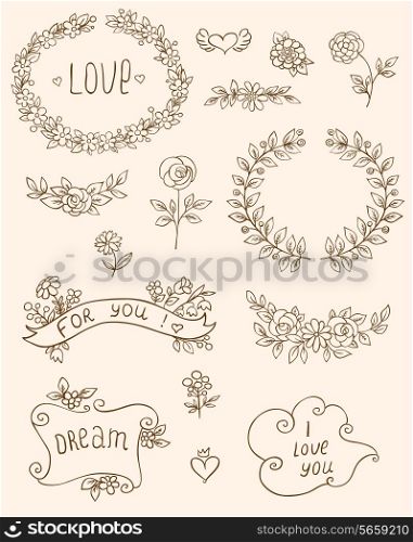 Set of romantic doodle elements for design