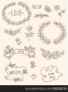 Set of romantic doodle elements for design