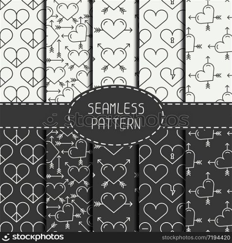 Set of romantic geometric seamless pattern with hearts. Collection of paper for scrapbook. Vector background. Tiling. Stylish graphic texture for your design, wallpaper, pattern fills.. Set of monochrome romantic geometric seamless pattern with hearts. Collection of paper for scrapbook. Vector background. Tiling. Stylish graphic texture for your design, wallpaper, pattern fills.