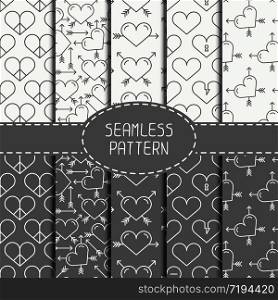 Set of romantic geometric seamless pattern with hearts. Collection of paper for scrapbook. Vector background. Tiling. Stylish graphic texture for your design, wallpaper, pattern fills.. Set of monochrome romantic geometric seamless pattern with hearts. Collection of paper for scrapbook. Vector background. Tiling. Stylish graphic texture for your design, wallpaper, pattern fills.