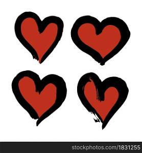 Set of romantic icon, heart. Hand drawing paint, brush drawing. Isolated on a white background. Doodle grunge style icon. Outline cartoon illustration. Sticker, pi. Doodle grunge style icon. Decorative element. Outline, cartoon line icon