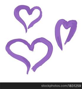 Set of romantic icon, heart. Hand drawing paint, brush drawing. Isolated on a white background. Doodle grunge style icon. Outline, line icon, cartoon illustration. Doodle grunge style icon. Decorative element. Outline, cartoon line icon