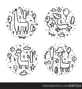Set of rond badge of lama. Circle compositions in doodle style. Vector illustration.