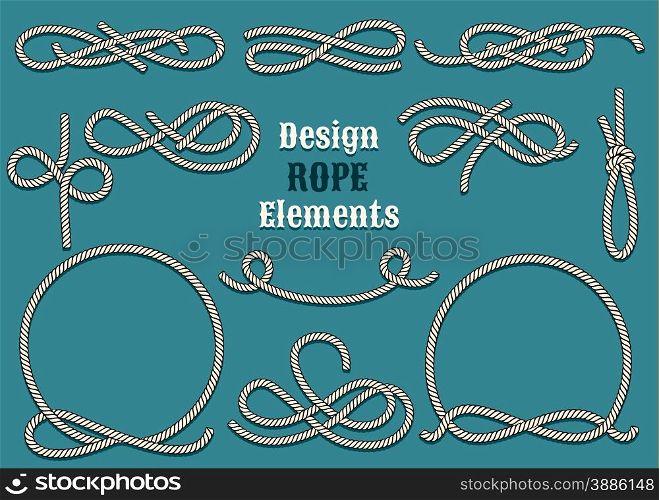 Set of Rope Design elements. Drawn in vintage style. Knots and Loops. Only free font used.
