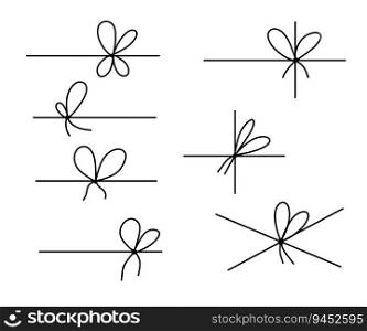 Set of rope knots, marine line black bows. Collection of simple minimal illustration. Set of rope knots, marine line black bows