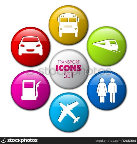 Set of round 3D transport buttons - car, bus, train, plane, gas station