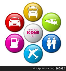 Set of round 3D transport buttons - car, bus, train, plane, gas station