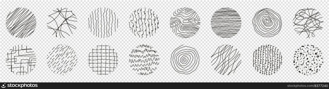 Set of round Abstract Patterns. Hand drawn doodle shapes. Spots, Curves, Lines. Vector illustration. Social media Icons templates