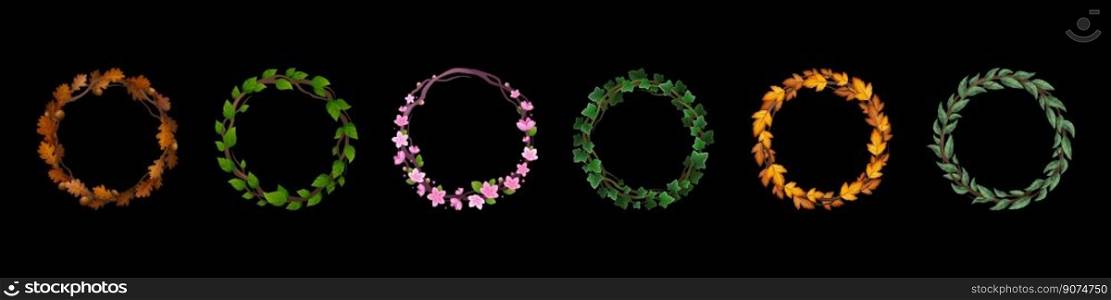 Set of round avatar frames decorated with flowers and foliage isolated on dark background. Vector cartoon illustration of circle borders ornated with oak, sakura tree, ivy leaves. Game ui elements. Set of round avatar frames with flowers, foliage