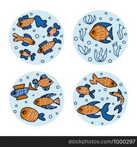 Set of round badges of fish collection isolated on white background. Cute aquarium fish characters in doodle style. Vector color conceptual illustration.