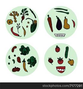 Set of round badges of vector vegetables. Collection of circle compositions of veg in doodle style isolated on white background.