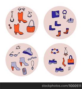 Set of round badges of woman clothes and accessories set in doodle style. Collection of female fashion symbols. Vector conceptual color illustration.