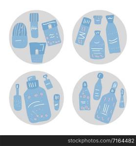 Set of round badges with beauty supplies. Hygiene vials, tubes and packages in flat style. Vector illustration.