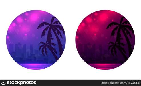Set of round banner with Evening illustration of a city beach with palm trees. Object separated from the background. Vector landscape for your design.. Set of round banner with Evening illustration of a city beach with palm trees.