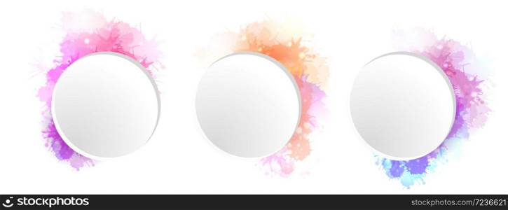 Set of round banners with watercolor splashes and sprays. The object is separate from the background. Vector element for banners, cards and your design. Set of round banners with watercolor splashes and sprays.