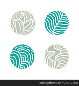 Set of round bio emblem in a circle linear style. Tropical plant green leaf logo. Vector abstract badge for design of natural products, cosmetics, ecology concepts, spa, yoga Center.. Set of round bio emblem in a circle linear style. Tropical plant green leaf logo. Vector abstract badge for design of natural products, cosmetics, ecology concepts, spa, yoga Center