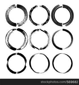 Set of round black grunge frames. Empty circlular borders isolated. Vector illustration.