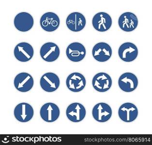 Set of round blue road signs on white. Set of round blue road signs isolated on white