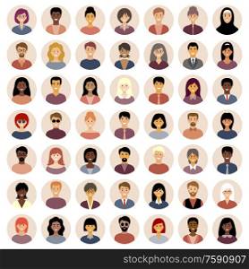 Set of round flat icons with people. Different nationalities. European, Asian, African American. Vector illustration.