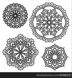 Set of Round floral lace ornaments - black on white background. Elements for holiday card, wedding invitation, vintage style design.