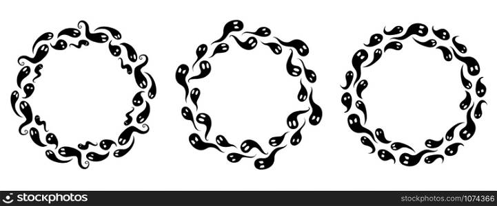 Set of round frames from black silhouettes of ghosts. The object is separate from the background. Halloween decorations with spirits. Vector template for invitation, greeting cards and your design.. Set of round frames from black silhouettes of ghosts. The object is separate from the background. Halloween decorations with spirits. Vector template