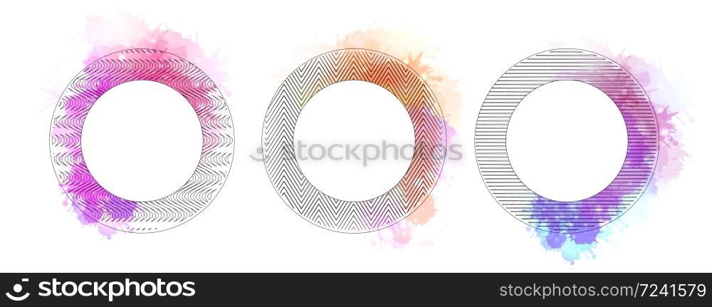 Set of round frames with engraving pattern and watercolor spray. Vector banner for your design. Set of round frames with engraving pattern and watercolor spray