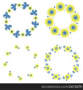 Set of round frames with sunflowers, birds and flowers. Beautiful decorative napkins in yellow and blue tones, colors of Ukrainian flag. Vector illustration. Floral pattern for decor, design and napkins