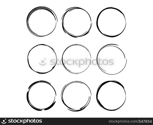 Set of round grunge frames. Empty borders isolated on white background. Vector illustration.