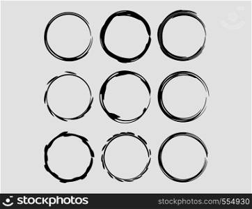 Set of round grunge frames. Empty circlular borders isolated. Vector illustration.