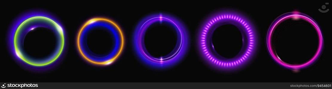 Set of round neon light flares isolated on black background. Vector realistic illustration of circular swirls glowing in darkness, halo effect, energy vortex, LED illumination, disco illumination. Set of round neon light flares