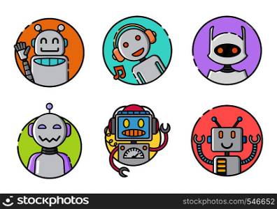 Set of round robot icon on white background. Funny robots greeting, waving hands, listening to music. Vector illustration in flat style.. Set of round robot icon on white background