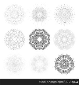 Set of round vector shapes, molecular and technical constructions with connected lines and dots, scientific or digital design patterns isolated on white
