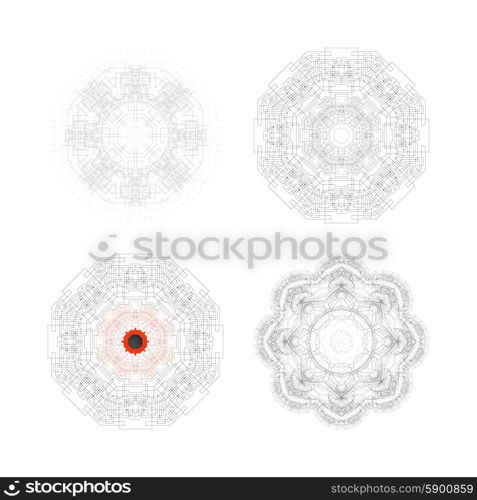 Set of Round vector shapes, technical constructions with connected lines and dots, digital design patterns isolated on white.