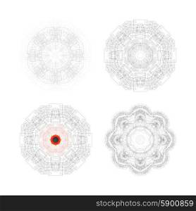 Set of Round vector shapes, technical constructions with connected lines and dots, digital design patterns isolated on white.