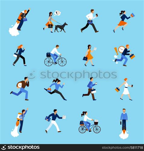 Set of running business people flat icons isolated vector illustration. Business People Running