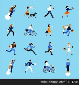 Set of running business people flat icons isolated vector illustration. Business People Running